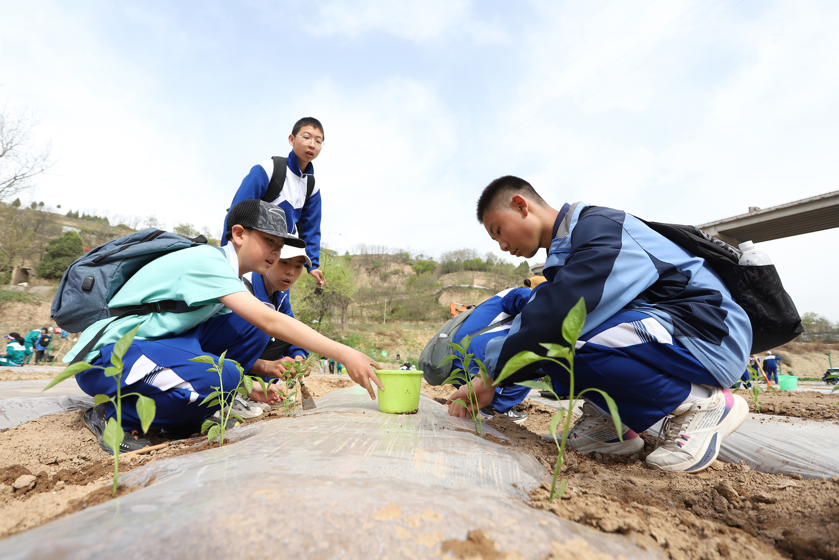 06——4月27日，在甘肅省平?jīng)鍪械谒闹袑W(xué)行知園學(xué)農(nóng)基地里，學(xué)生們?cè)诮o剛剛種植的辣椒苗澆水。.JPG